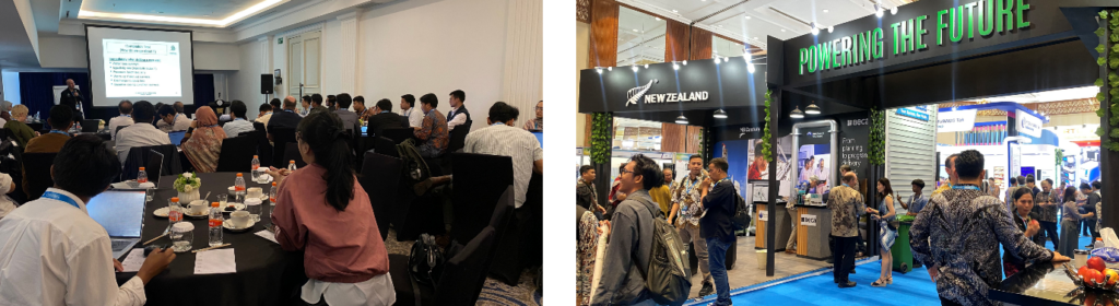 (Left): Professor Sadiq J. Zarrouk, Associate Professor in Geothermal Engineering (Geothermal Institute) University of Auckland, delivered a lecture at the IIGCE 2025 Pre-Conference Workshop to 50 participants from Indonesia’s geothermal industry and students. (Right): New Zealand Pavilion di The 11th IIGCE 2025 (Photo: PINZ).
