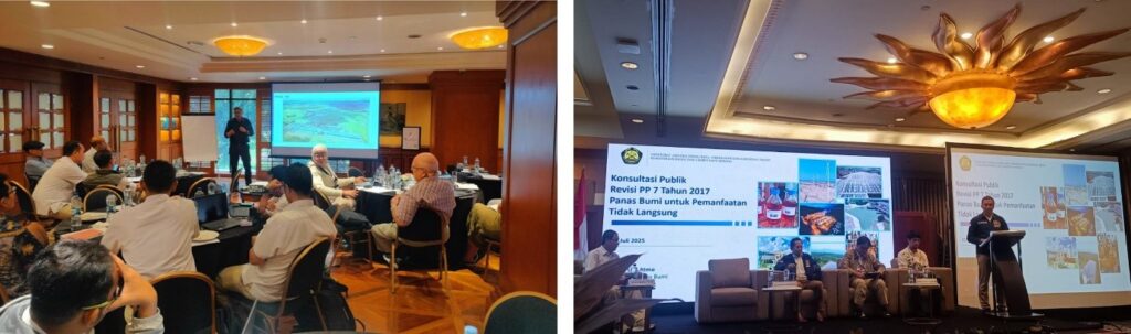Left: PINZ, through Jacobs, shares about the ecosystem in Mokai Power Plant, New Zealand, as part of a sharing session of New Zealand’s experiences in geothermal development. Right: Gigih Udi Atmo, Director of Geothermal at the MEMR, delivers his remarks at the panel discussion session in the Public Hearing session (Photos: Jacobs).