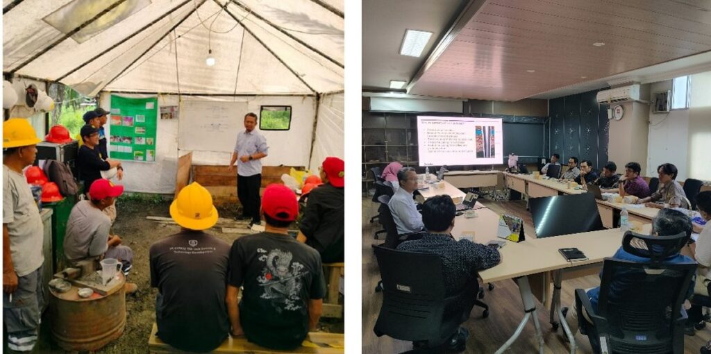 Left: Joint Assessment between Geological Agency and Jacobs for improved drilling operations in Banda Baru, Central Maluku, in October 2024. Right: Probability of Discovery Workshop with Geological Agency in October 2025 (Photo: Jacobs and PINZ)